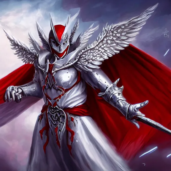 Prompt: male angel flying over hell, white metallic armor, red cape, detailed arms, intricate white armor, two arms, two legs, detailed fanart, rpg art, d&d art, macro art, digital art, DeviantArt, artstation, 8k HD