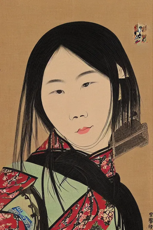 Prompt: native japanese woman with partially masked face, painted by wang neng jun