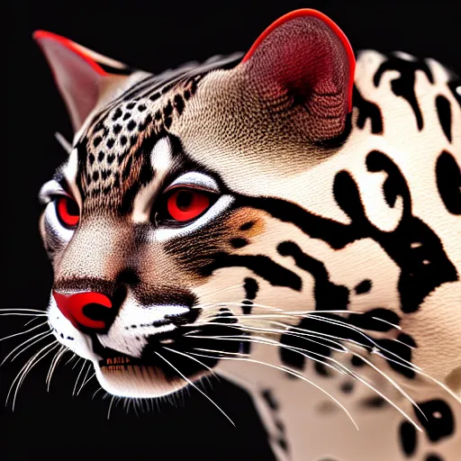 Image similar to profile shot of a black and red ocelot with black background, high contrast, octane render, abstract, 4k