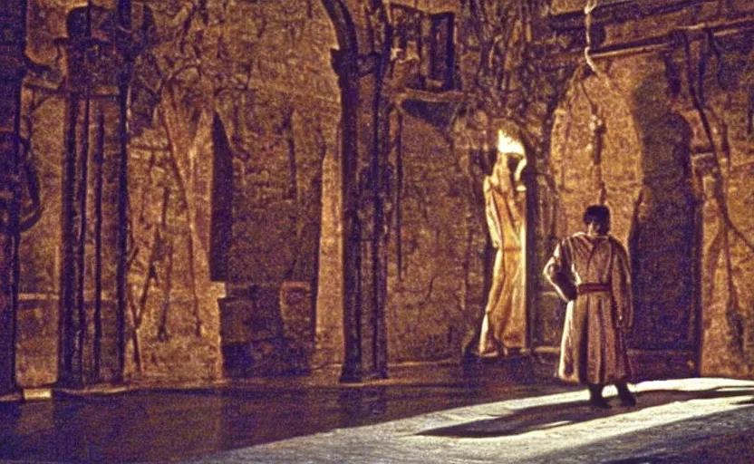 Image similar to scene from cosmologica ( 1 9 6 9 ), a movie by luchino visconti showing a man leaving the medieval cosmo to enter the new modern universe. cinematic, technicolor, direct lighting, highly detailed, highly intricate.