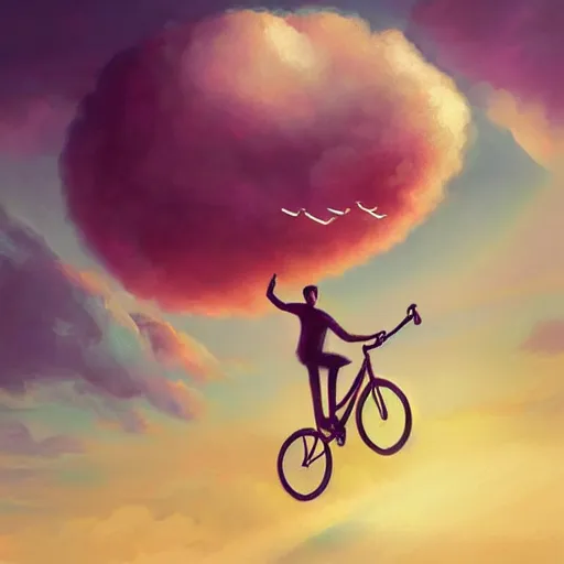 Image similar to A striking painting of a happy man flying in the sky on his bicycle in the clouds, award-winning digital art by Ross Tran