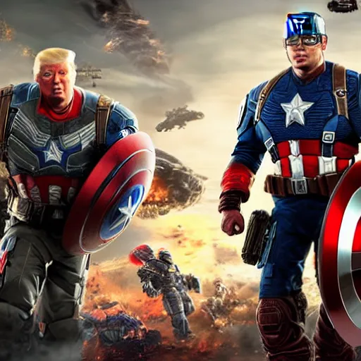 Prompt: portrait of donald trump as captain america in gears of war, splash art, maga, patriot, movie still, cinematic lighting, dramatic, glowing, ray tracing, octane render, long lens, shallow depth of field, bokeh, anamorphic lens flare, 8 k, hyper detailed, 3 5 mm film grain