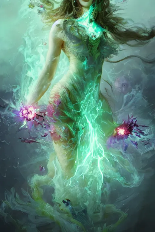 Prompt: beautiful girl necromancer, witch - doctor exploding into flowers fire crystal dress, angels, 3 d render, green magic, hyper realistic detailed portrait, holding electricity and birds, ruan jia, wlop. scifi, fantasy, magic the gathering, hyper detailed, octane render, concept art by artgerm, peter mohrbacher