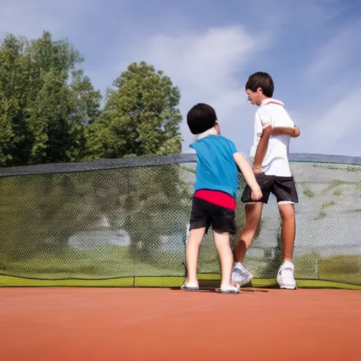 Prompt: a father and a son playing tennis