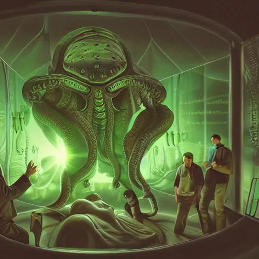 Prompt: scientists watching a clone of cthulhu in culture capsule, bio chemical illustration, hyperealistic, detailed photography, divinity, awful, religious art, sci - fi, green light