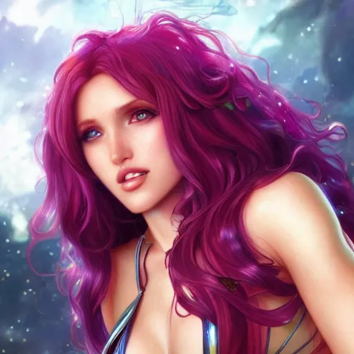 Image similar to ultra realistic illustration, bella thorne as starfire anime, intricate, elegant, highly detailed, digital painting, artstation, concept art, smooth, sharp focus, illustration, art by artgerm and greg rutkowski and alphonse mucha and wlop