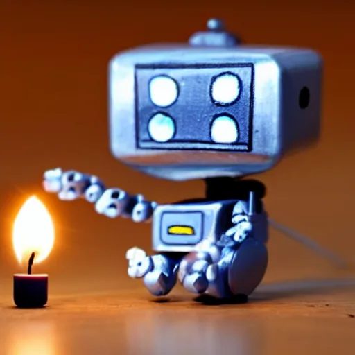 Image similar to a cute little robot sitting on a matchstick with a lit candle in the background