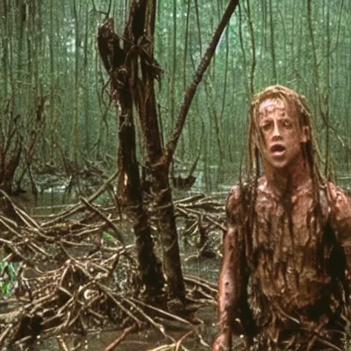 Image similar to cinematic still of macaulay culkin, covered in mud and watching a predator in a swamp in 1 9 8 7 movie predator, hd, 4 k