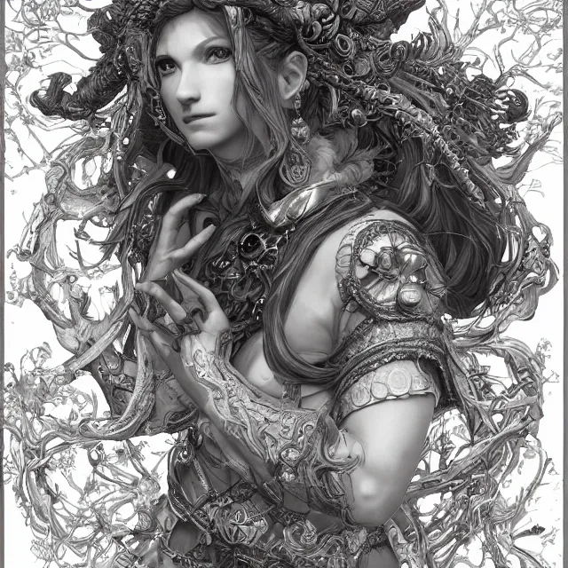 Image similar to the portrait of chaotic good female druid alchemist as absurdly beautiful, gorgeous, elegant, detailed face gravure idol, an ultrafine hyperdetailed illustration by kim jung gi, irakli nadar, intricate linework, sharp focus, bright colors, octopath traveler, final fantasy, unreal engine 5 highly rendered, global illumination, radiant light, detailed and intricate environment