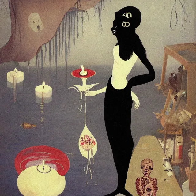 Image similar to tall female catgirl artist holding a skull in her flooded apartment, pomegranates, octopus, water gushing from ceiling, painting of flood waters inside an artist's apartment, a river flooding indoors, candles, ikebana, zen, rapids, waterfall, black swans, canoe, berries, acrylic on canvas, surrealist, by magritte and monet