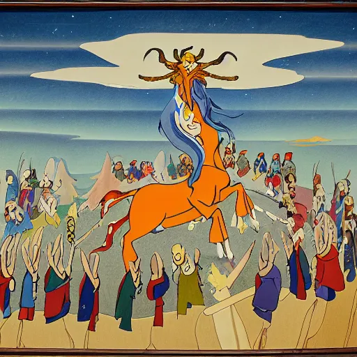 Image similar to avatar the last airbender by lawren harris, by mark lovett uneven. a photograph of a pantomime unicorn onstage, surrounded by a group of children who are clapping & cheering. the unicorn is wearing a sparkly costume & has a long, flowing mane. its horn is glittering & its eyes are wide open.