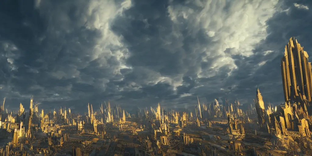 Image similar to majestic futuristic elf city made of white stone and gold, epic scale, dramatic buildings, dramatic clouds, cinematic sky, sunrise, 8 k, unreal engine 5