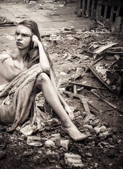 Image similar to award winning photograph of an young woman amongst rubble, sad face, dirt, dreamlike, low contrast, beatuful composition, 4k