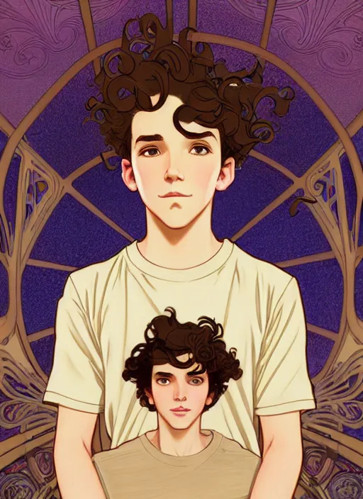 Prompt: art nouveau portrait of a teen boy with medium length big mess of curly light brown hair, brown eyes, aloof, serious expression, t - shirt, modern casual clothing, natural lighting, path traced, highly detailed, high quality, cartoon, digital painting, by don bluth and ross tran and studio ghibli and alphonse mucha
