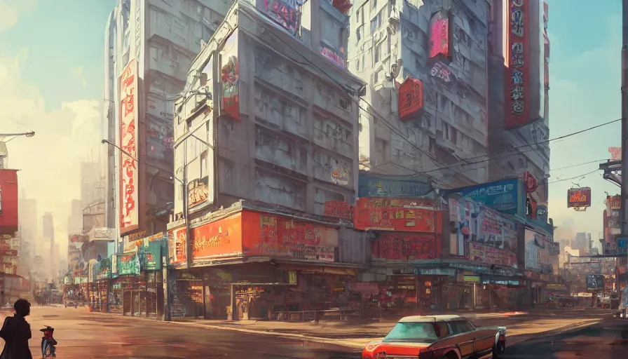 Image similar to A highly detailed matte painting of Buildings with Billboards and neonsigns by Studio Ghibli, Makoto Shinkai, by Artgerm, by WLOP, by Greg Rutkowski, volumetric lighting, octane render, 4K resolution, trending on artstation, masterpiece