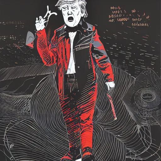 Image similar to Graphic Illustration, Creative Design, Donald Trump, techwear, Cyberpunk, Full Body Portrait, Character Design, by Ashley Wood, Jamie Hewlett, Ralph Steadman, Francis Bacon, Hunter S Thompson