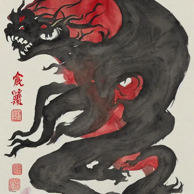 Prompt: watercolor painting of a chinese folklore blood shadow demon