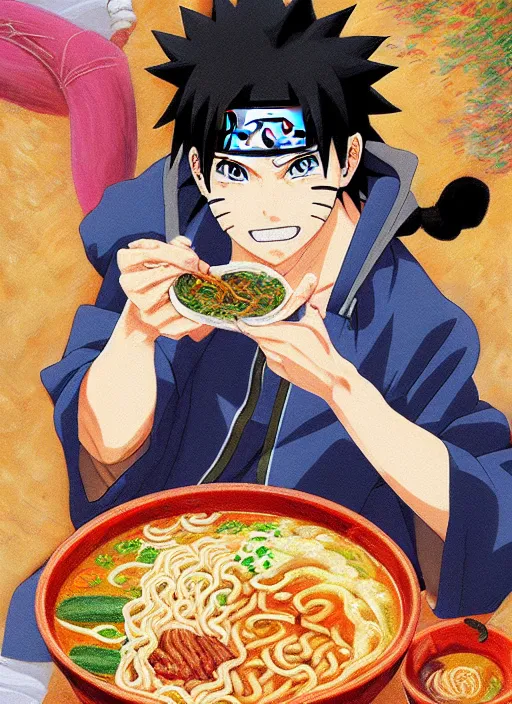 Image similar to naruto eating ramen, very anime, trending artwork, 4 k, anime painter studio, an impressionist style by claude monet