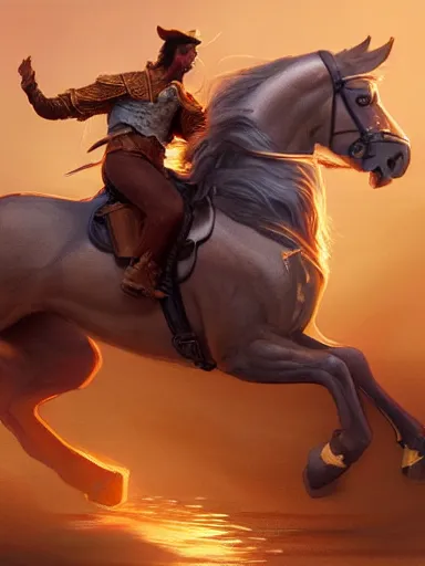 Prompt: a handsome man, riding a prancing a horse. intricate, elegant, highly detailed, digital painting, artstation, concept art, sharp focus, illustration, by justin gerard and artgerm, 8 k