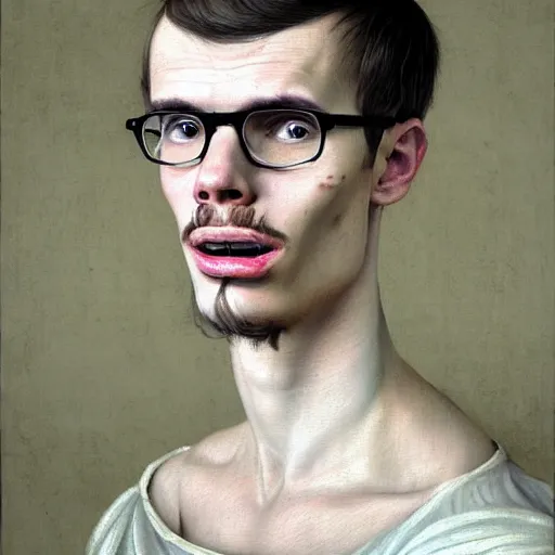 Image similar to A 17th century Baroque Painting of iDubbbz, grainy, realistic, hyperrealistic, very realistic, very very realistic, highly detailed, very detailed, extremely detailed, detailed, digital art, trending on artstation, detailed face, very detailed face, very detailed face, realism, HD Quality, 8k resolution, intricate details, body and head in frame, painting, oil painting, trending on deviantart, Baroque Painting