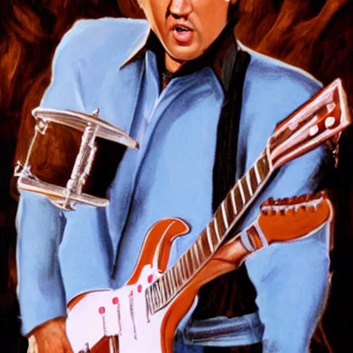 Image similar to nicolas cage as elvis presley playing the guitar over a poker table