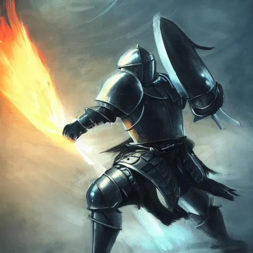 Prompt: a knight defeating a glowing suit of armor, fantasy, concept art, dramatic, action shot, hyper realistic