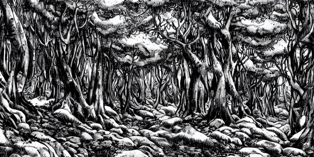 Prompt: illustration of a fantasy forest on the mountanside, monochrome, manga style, by Kentaro Miura, sharp, dramatic lighting