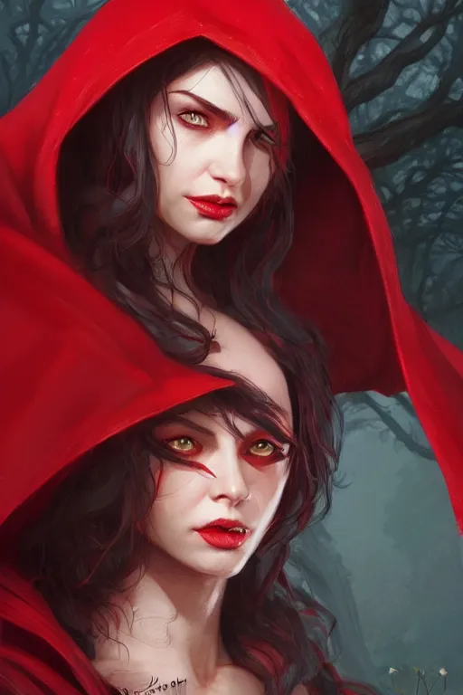 Prompt: powerful witch red riding hood, d & d, fantasy, portrait, highly detailed, headshot, digital painting, trending on artstation, concept art, sharp focus, illustration, art by artgerm and greg rutkowski and magali villeneuve