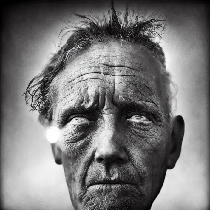 Image similar to unzipping top of head, by lee jeffries, gelatin silver process,