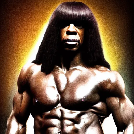 Image similar to Rick james with the physique of a body builder, hyper realistic, ultra detailed, cinematic, dynamic lighting, photorealistic, refined, intricate, digital art, digital painting, masterpiece, 8k