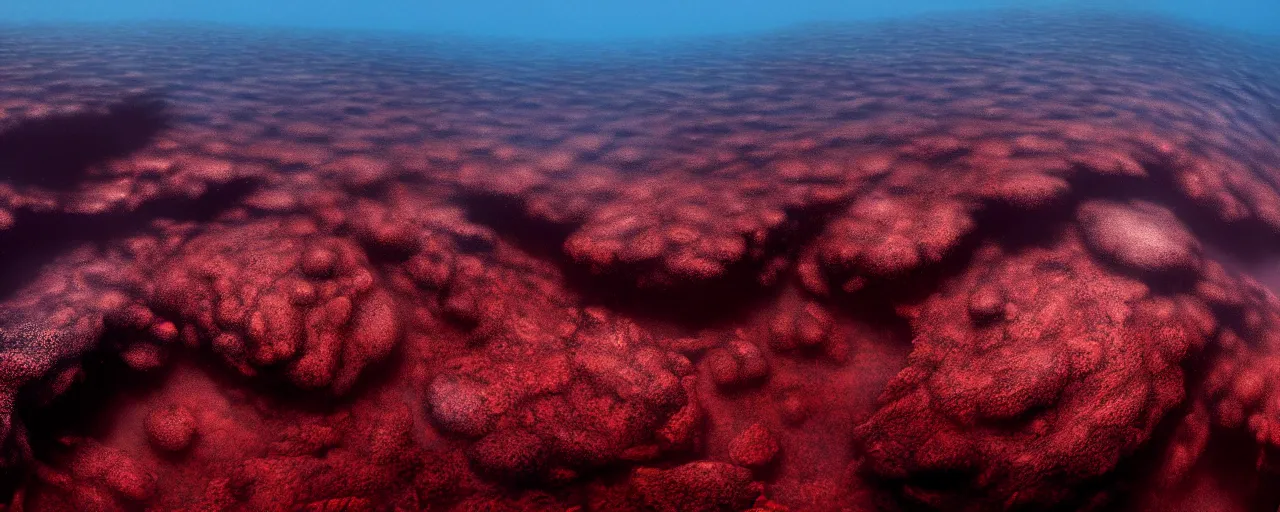 Image similar to A gorgeous detailed oil of a dark red sea covered in big blue steep rocks, a school of piranhas underwater, the further away the mistier it gets, surreal, concept art, dark aesthetic, atmospheric, moody, hyperrealism, highly detailed, masterpiece, award winning, 4k, unreal engine