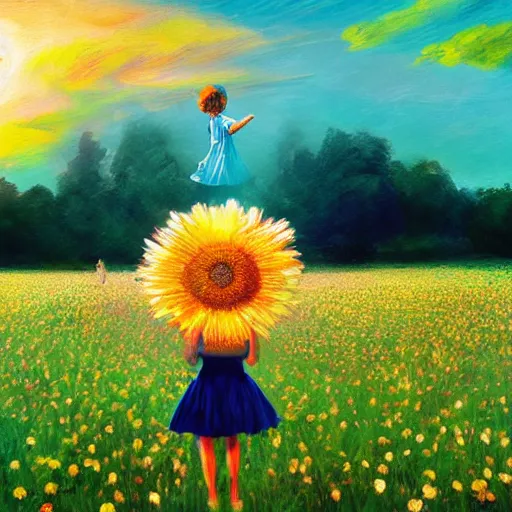 Image similar to giant daisy flower as head, girl dancing in a flower field, surreal photography, sunrise, dramatic light, impressionist painting, colorful clouds, digital painting, artstation, simon stalenhag