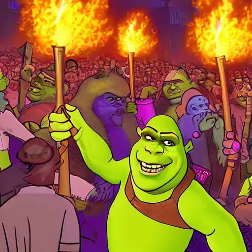 Image similar to shrek scene with the angry mob with pitch forks and torches, indian chad male with lush beard playing as shrek, followed by an angry mob with torches, digital art, 2 d art