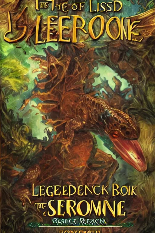 Prompt: the legend of the geckronome book cover, fantasy book