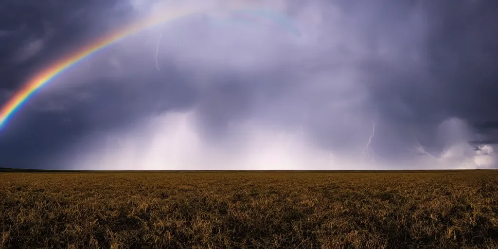 Image similar to detailed fields nature, super storm, faint rainbow, impressive, atmospheric, god rays, cinematic, deep colors, very high complexity, stunning, masterpiece, 3 5 mm, very detailed. 4 k