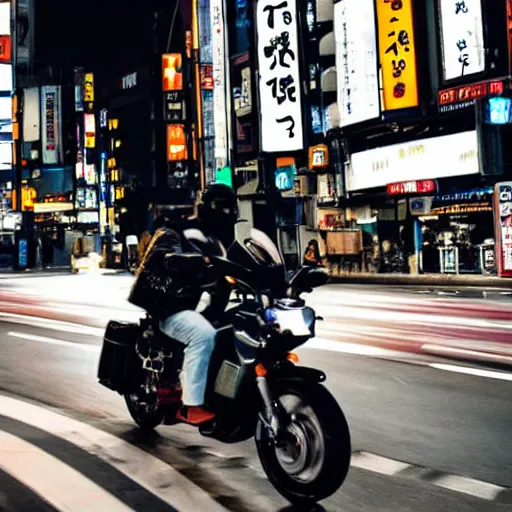 Prompt: duck driving a motorcycle through tokyo at night