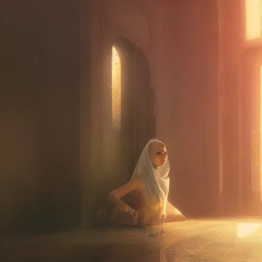 Image similar to detailed face of a woman, moment, cyberpunk mosque interior, displays, tech noir, wet reflections, atmospheric, ambient, livia prima, greg rutkowski, edward hopper