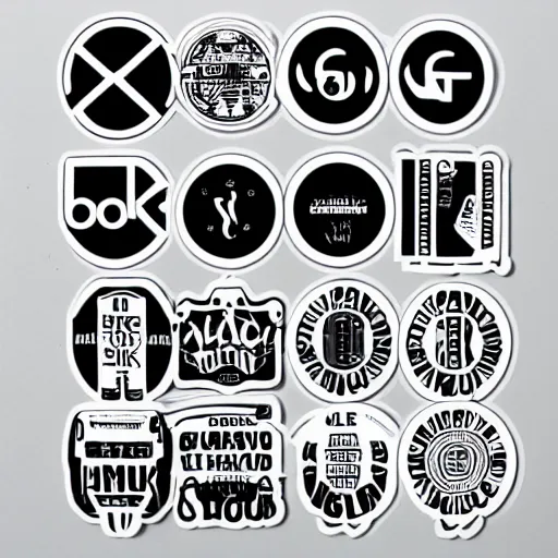 Image similar to black on white graphic design stickers in style of david rudnick, eric hu, guccimaze, acid, y 2 k, 4 k sharpening,