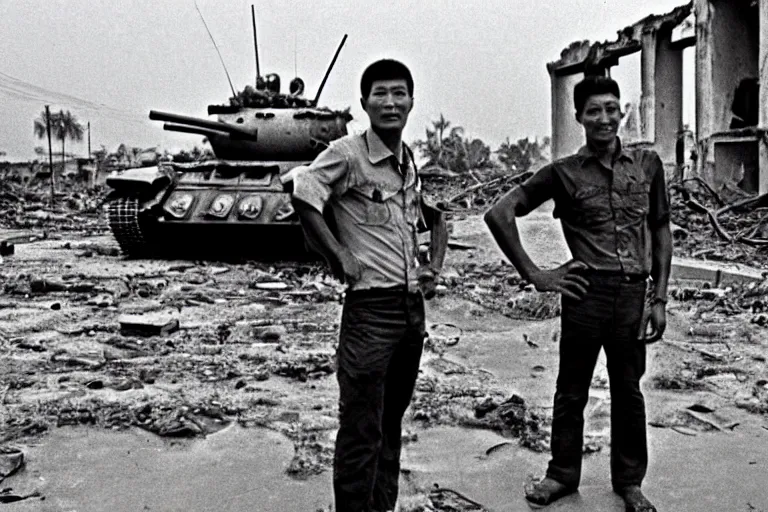 Image similar to a photo of a two mans posing in front of tank in destroyed vietnamese city, us journalism ministry photo, 1 9 6 9, fim still