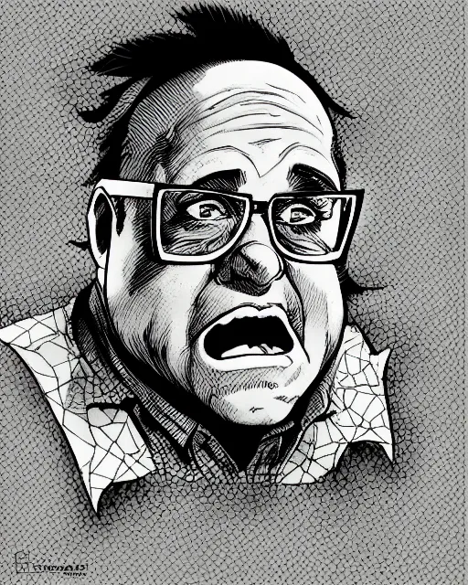 Image similar to Digital color pen close up drawing of Danny DeVito from JoJo\'s Bizzare Adventure, highly detailed, sharp focus, screentone shading, 1990 manga panel, trending on ArtStation, manga cover art drawn by Hirohiko Araki