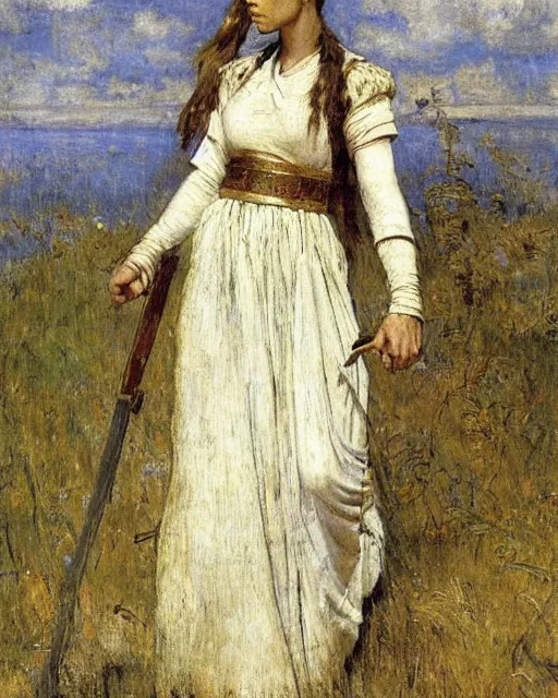 Image similar to a beautiful and strong female warrior by Jules Bastien-Lepage and Laura Sava