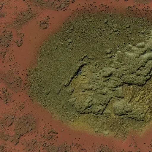 Image similar to Prehistoric Martian landscape, greenery, ocean scene, iron-rich soil on Mars