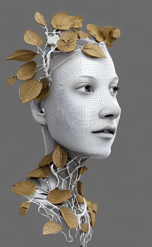 Prompt: complex 3d render ultra detailed of a beautiful porcelain profile woman face, vegetal dragon cyborg, 150 mm, beautiful natural soft light, rim light, silver gold black details, magnolia leaves and stems, roots, fine lace, maze like, mandelbot fractal, anatomical, glass, facial muscles, cable wires, microchip, elegant, white metallic armour, octane render, black and white, H.R. Giger style