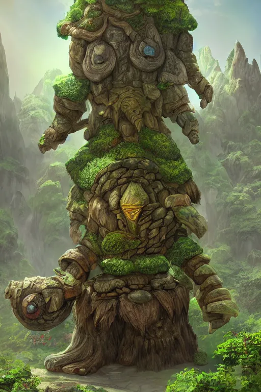 Image similar to zelda fantasy art giant golem troll wood rock greeble gemstone, global illumination ray tracing hdr fanart arstation by sung choi and eric pfeiffer and gabriel garza and casper konefal