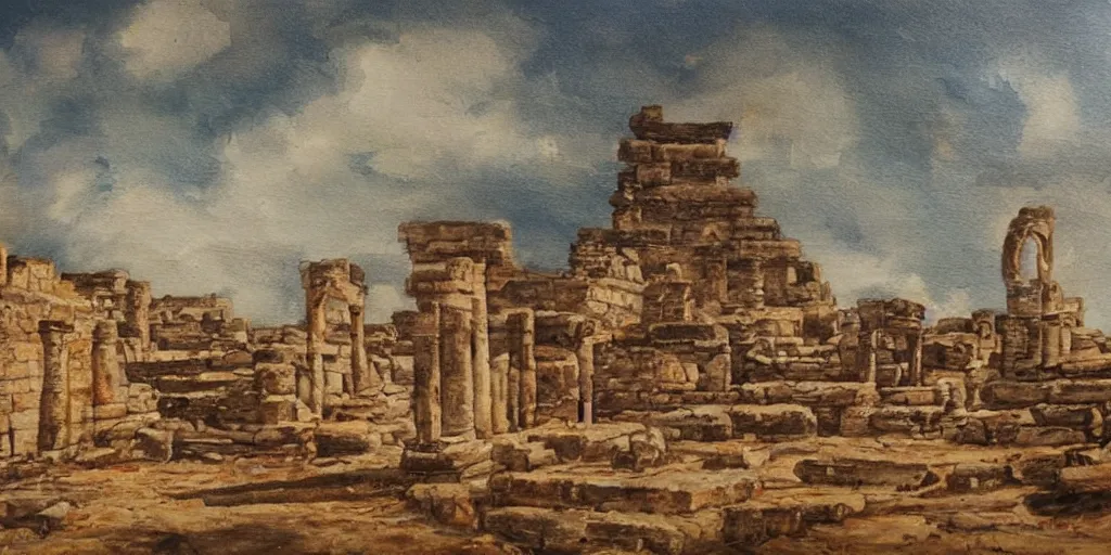 Image similar to stunning landscape painting of an ancient city