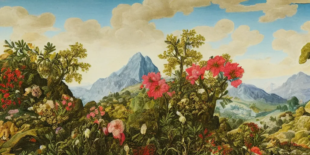 Image similar to mountain landscape with many flowers, by mahmoud sai and maria sibylla merian, intricate, sharp focus, detailed, lively colors, sky, water