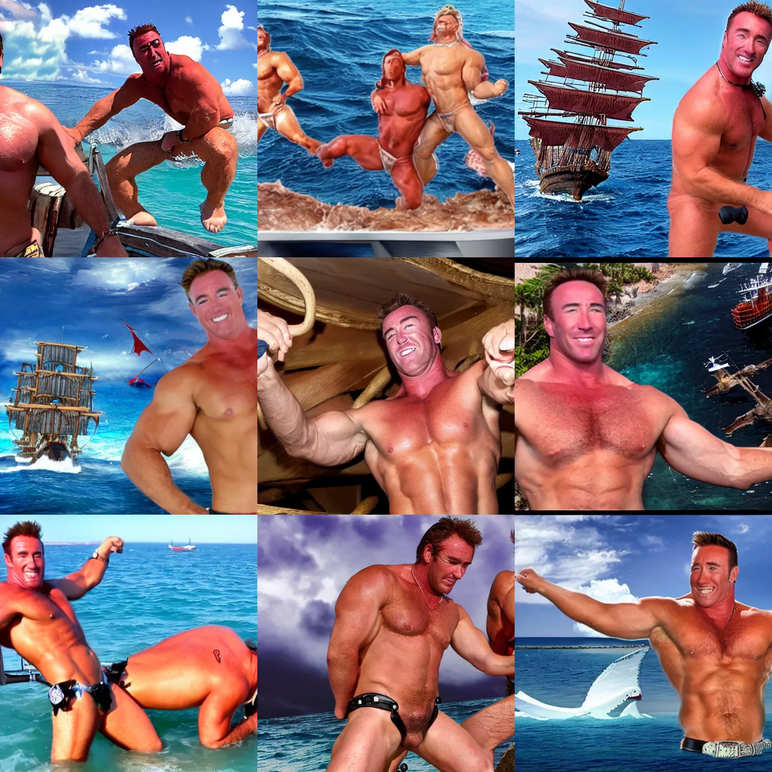 Prompt: billy herrington steer a galleon in the sea of theves