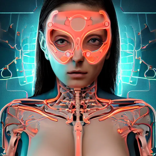 Image similar to biomechanical gina gerson, neon jacuzzi, extremely beautiful, chimeric organism, holodeck, pale skin, organic polycarbon, full frontal, portrait, highly detailed, transhumanist hydration, symmetrical, mechanical, anatomical, mendelbrot fractal, ray tracing, hyperdetailed, hyperrealistic, trending on artstation, oppai cyberpunk, octane render, hdr, uhd 4k