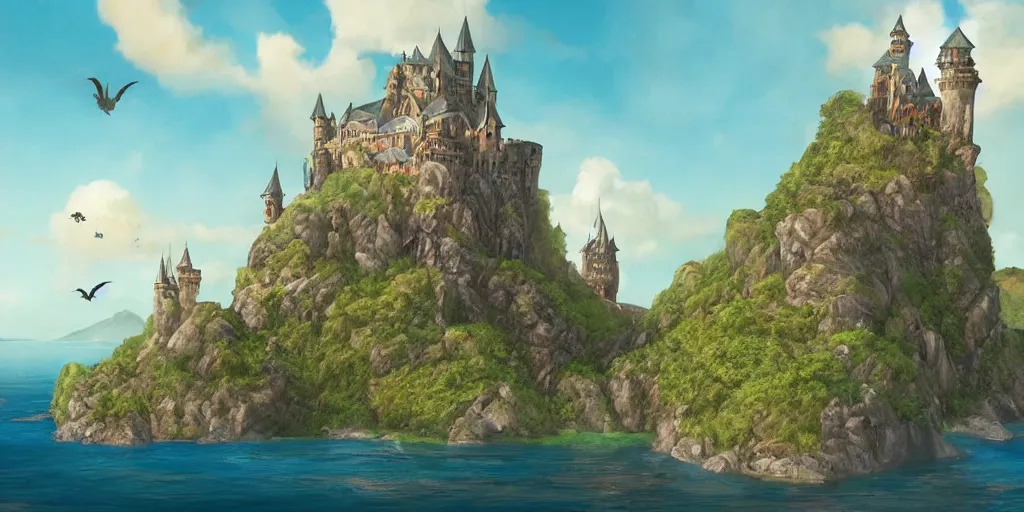 Image similar to matte painting a stunning landscape of a castle on a lost island on a sunny day by brian k. vaughan