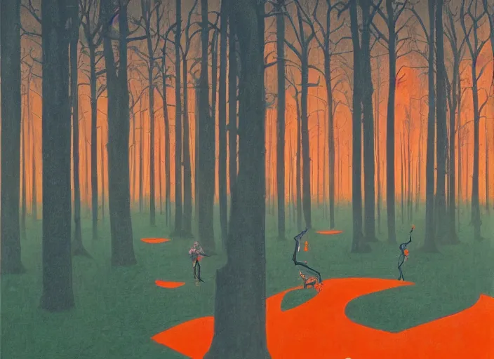 Image similar to a forest with a 5 orange cones scattered about, by surrealist james jean, in the style of francis bacon and edward hopper and beksinski